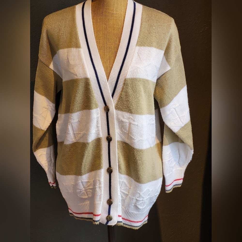 Cristin Stevens Vtg 80s Tan/White Striped Acrylic Cardigan Large